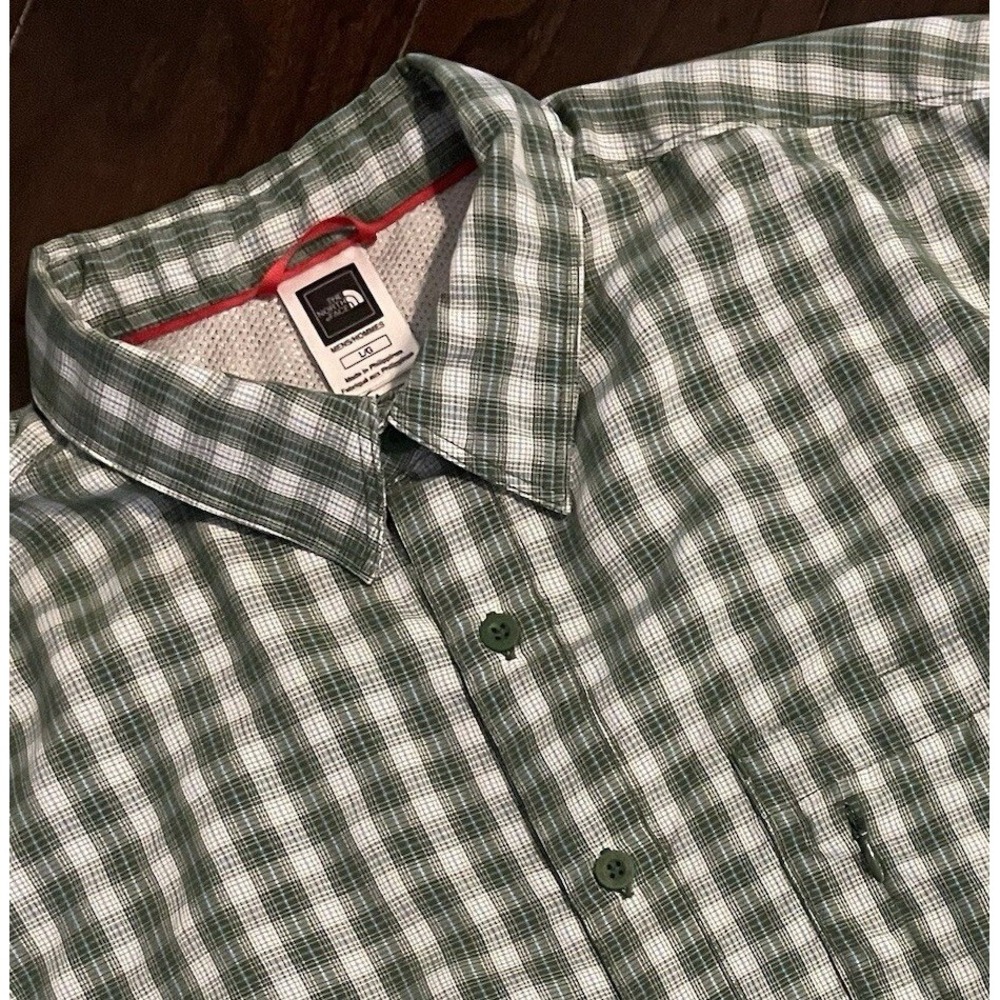 The North Face Button Up Shirt Mens Lg Green Plaid Short Sleeve Hiking Gorpcore